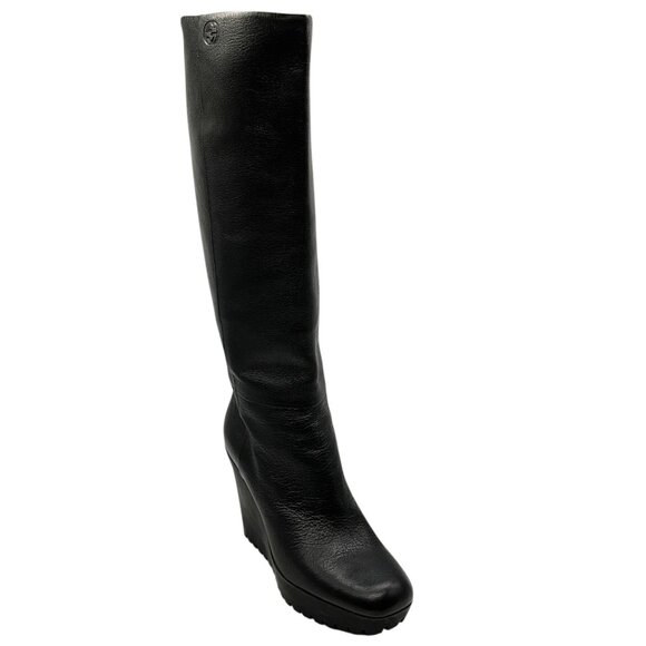 Gucci Black Leather Tall Wedge Boots - Picture 1 of 6